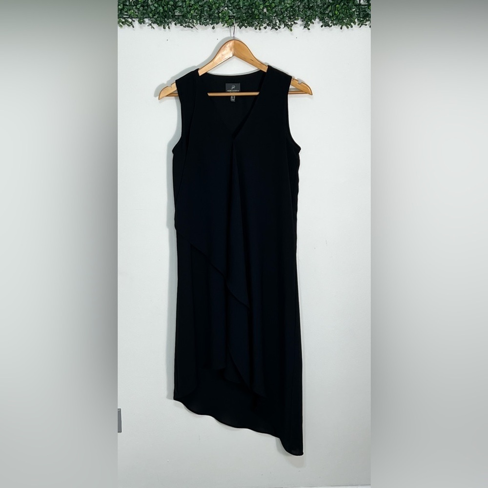 ADRIANNA PAPELL Womens Black sheer Lined Pull-on Draped Asymmetrical Hem Dress 4